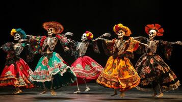 Five Skeletons in Colorful Dresses Dancing photo
