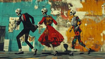 Three Skeletons Walking Down a Street with a Colorful Wall Behind Them photo