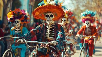 Skeleton Figures in Colorful Costumes Riding Bicycles During a Day of the Dead Parade photo