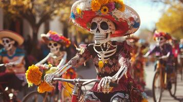 Skeleton in a Red Hat Riding a Bicycle During the Day of the Dead Celebration photo