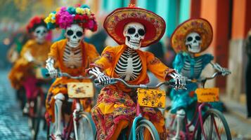 Skeletons Riding Bicycles in Colorful Costumes During Day of the Dead Celebration photo
