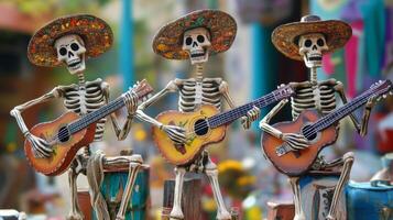 Three Skeleton Musicians Playing Guitars in Sombreros photo