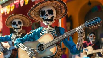 Skeleton in a Sombrero Playing Guitar During Day of the Dead photo
