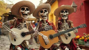 Three Skeleton Musicians Playing Guitars in Colorful Attire photo