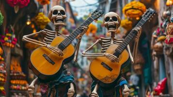 Two Skeletons Playing Guitars in a Colorful Setting photo