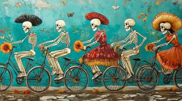 Skeletons Riding Bicycles on a Turquoise Background photo