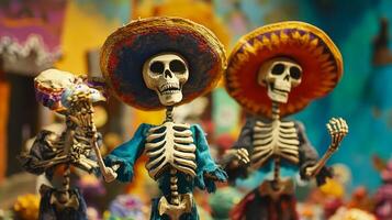 Two Skeletons Wearing Sombreros and Traditional Mexican Clothing photo