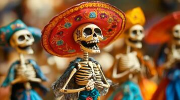 Smiling Skeleton Wearing a Red Sombrero with Colorful Embroidery photo