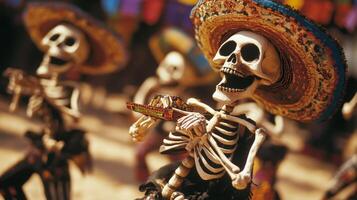 A smiling skeleton wearing a sombrero with colorful decorations photo