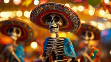 Day of the Dead Skeleton Figurine in Sombrero with Festive Lights photo