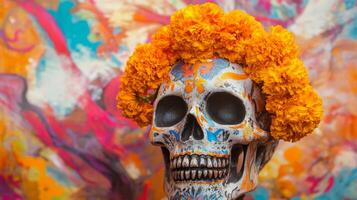 Decorated Skull with Marigold Flowers Against Abstract Background photo