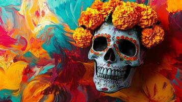 Sugar Skull Adorned with Marigolds on a Vibrant Painted Background photo