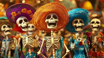 Cheerful Skeletons in Traditional Mexican Sombreros photo