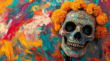 Decorated Skull Surrounded by Orange Marigolds on a Colorful Background photo