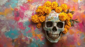 Decorated Skull with Marigold Flowers Against a Colorful Abstract Background photo
