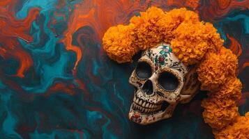 Decorated Skull Adorned with Marigold Flowers on a Blue and Orange Swirled Background photo