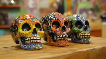Three Decorated Sugar Skulls on a Wooden Table photo