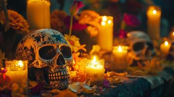 Decorated Skull with Candles and Flower Petals for Day of the Dead photo