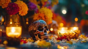 Decorated Sugar Skull with Candles and Flower Petals for Da de Muertos photo