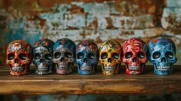Seven Ornate Sugar Skulls Lined Up on a Wooden Shelf photo