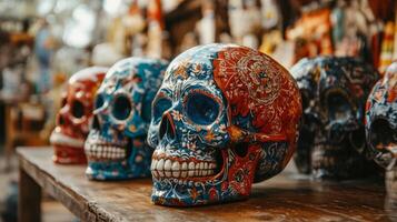 Three Colorful Hand-Painted Skulls on a Wooden Table photo