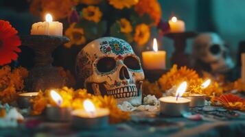 Decorated Sugar Skull with Burning Candles and Flowers for Da de Muertos photo