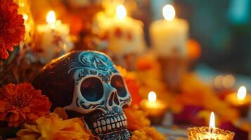 Decorated Skull with Marigolds and Candles for Day of the Dead photo