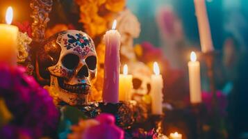Decorated Skull with Burning Candles and Flowers for Day of the Dead photo