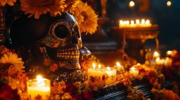 Decorated Sugar Skull with Marigold Flowers and Candles for Day of the Dead photo