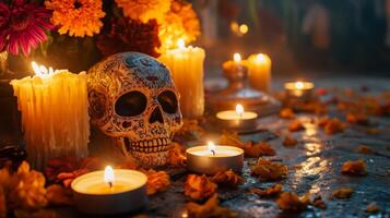Sugar Skull with Candles and Flowers for Dia de los Muertos photo