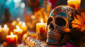 Decorated Sugar Skull with Flowers and Candles for Da de Muertos photo
