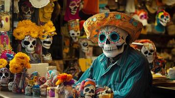 A Person Wearing a Skull Mask and Sombrero in a Mexican Market photo