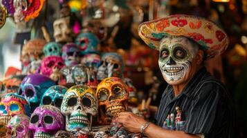 Man with Sugar Skull Makeup Among Day of the Dead Skulls photo