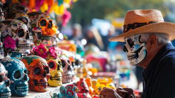 A Man with a Sugar Skull Mask Works on a Day of the Dead Craft photo