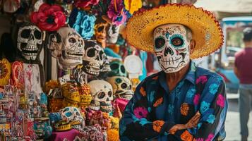 Man Wearing a Sugar Skull Mask and Straw Hat in a Market Stall photo