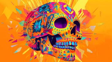 Colorful Skull with Geometric Patterns and an Orange Background photo