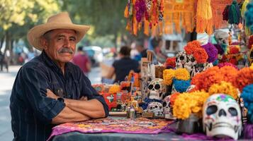 Man in Straw Hat Selling Day of the Dead Decor photo