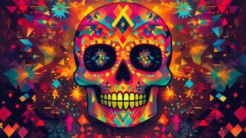 Geometrically patterned sugar skull with teeth against colorful background photo