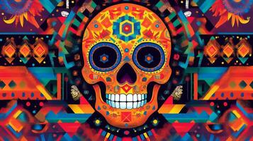 Vibrant Sugar Skull with Geometric Pattern Background photo