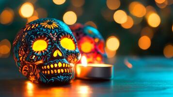 Ornate Sugar Skull with Candlelight and Bokeh Background photo