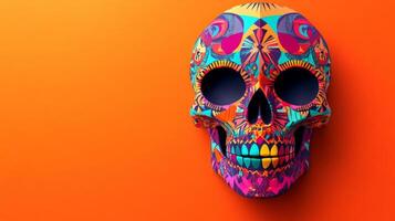 A Detailed Colorful Sugar Skull on an Orange Background photo