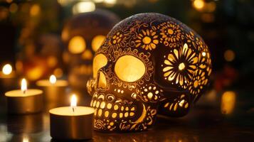 Ornate Sugar Skull Lantern Illuminated by Candles photo