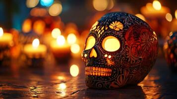 Decorated Skull with Floral Motifs Illuminated by Candles photo
