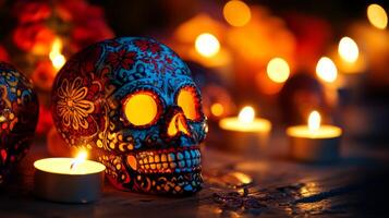 Decorated Sugar Skull with Candlelight photo