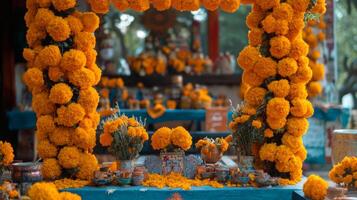 Marigold Flowers and Offerings at a Religious Shrine photo
