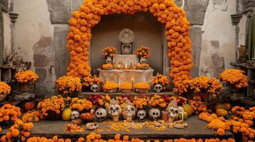 Day of the Dead Altar Decorated with Marigolds and Skulls photo