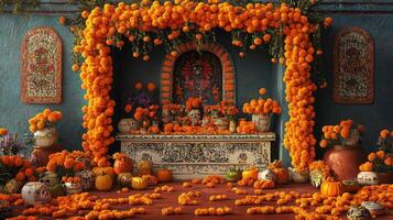 Day of the Dead Altar Decorated with Marigolds and Skulls photo
