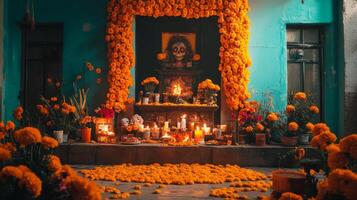 Day of the Dead Altar with Marigolds and Candles photo
