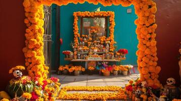 Day of the Dead Altar Decorated with Marigolds and Skulls photo