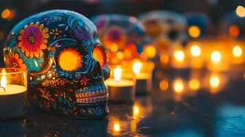 Decorated Sugar Skull with Lit Candles photo